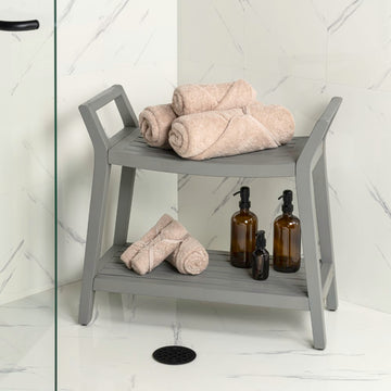 Orla 25.6" Modern Classic Slatted Solid Acacia Wood Indoor/Outdoor Shower Bench with Shelf and Handle